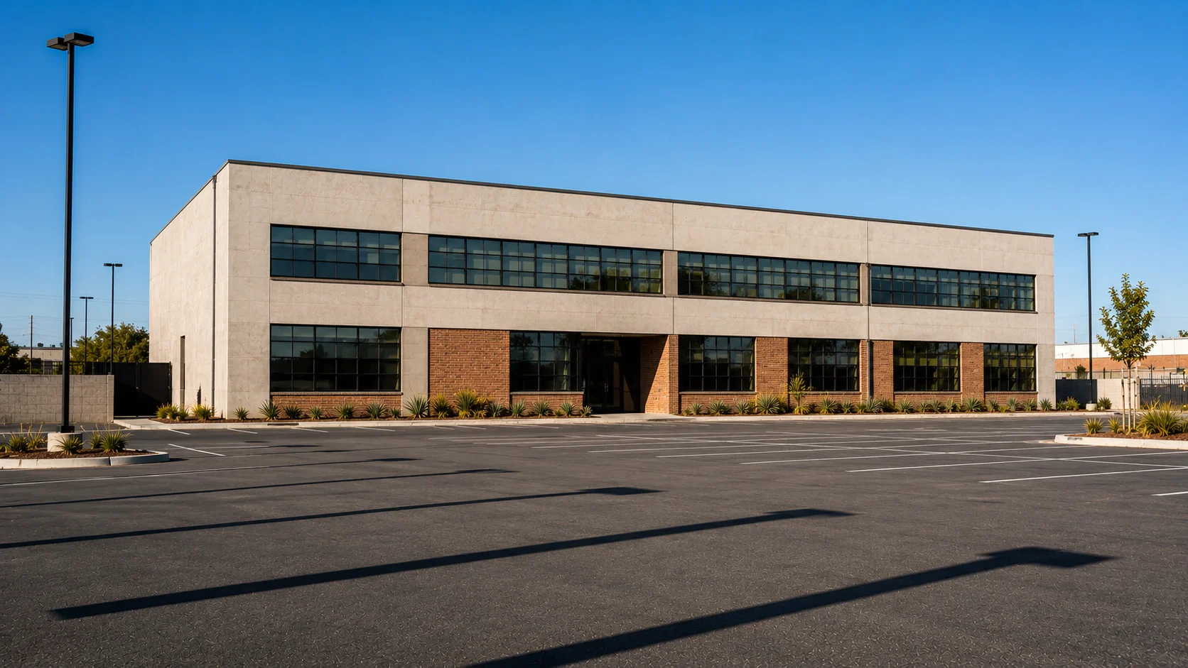 A two-storey Valley commercial building in concrete and brick with steel-sash window bands, seen across its own empty parking lot, the light standards throwing parallel shadows across the asphalt.