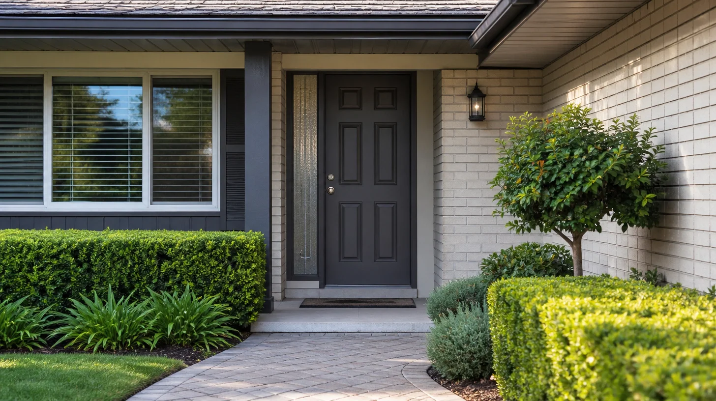 The front entry of a well-kept single-storey house, with a closed dark panelled door under a shallow overhang, a lit wall lantern, clipped hedges and a swept paver path in morning light