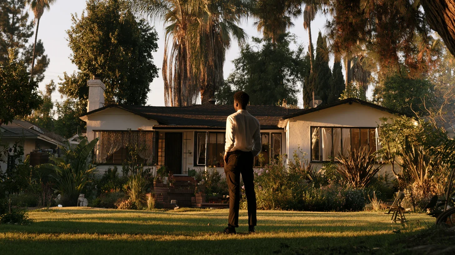 An adult viewed from behind on the front lawn of a North Hollywood home, representing one party considering retaining the marital residence.