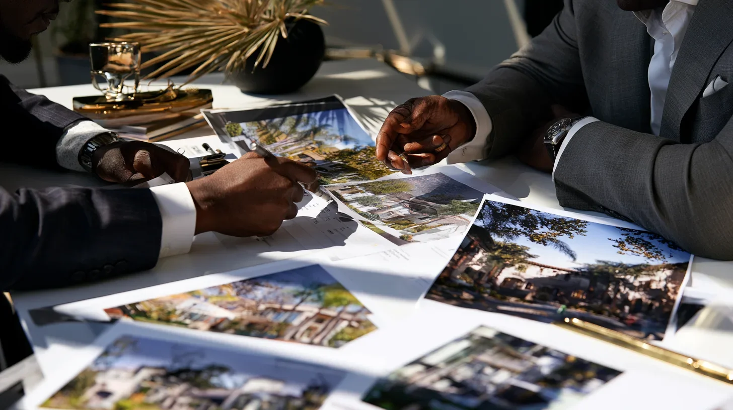 Two professionals seated at a table reviewing printed property photographs together, representing an attorney coordinating a probate valuation.