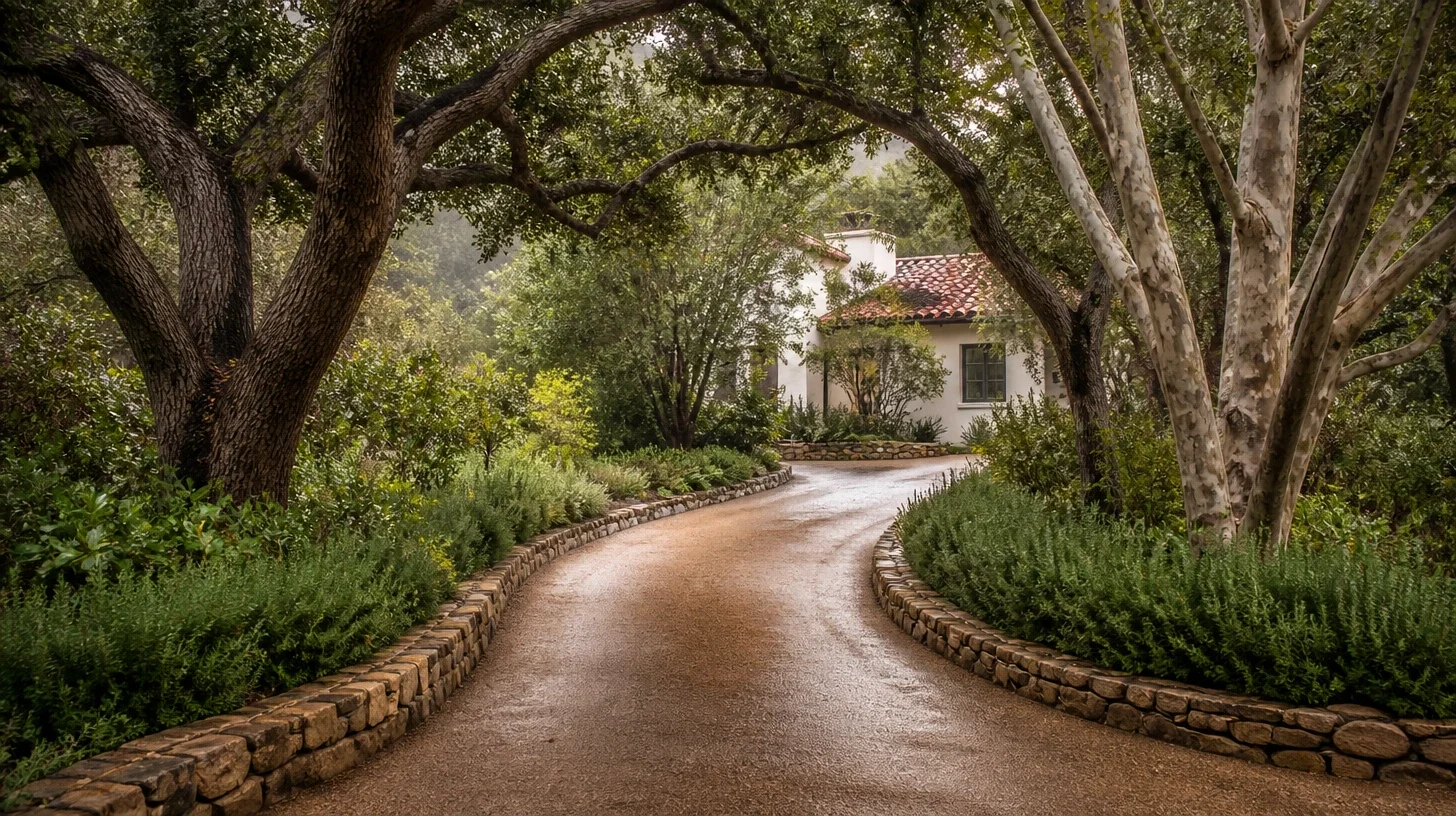 A curving damp gravel drive edged with low dry-stone kerbs and rosemary, running between mature coast live oaks and pale-trunked sycamores toward a white stucco house with a red clay tile roof, in soft misty light