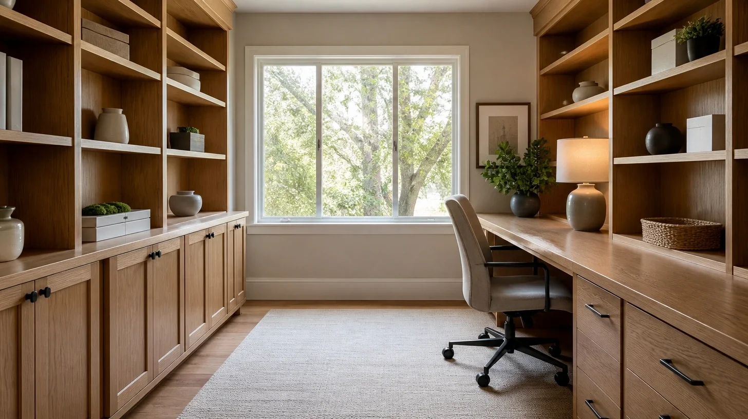 A fitted study in pale oak with shelving and cupboards along both walls, a long desk and task chair, a table lamp, and a window looking onto leaves