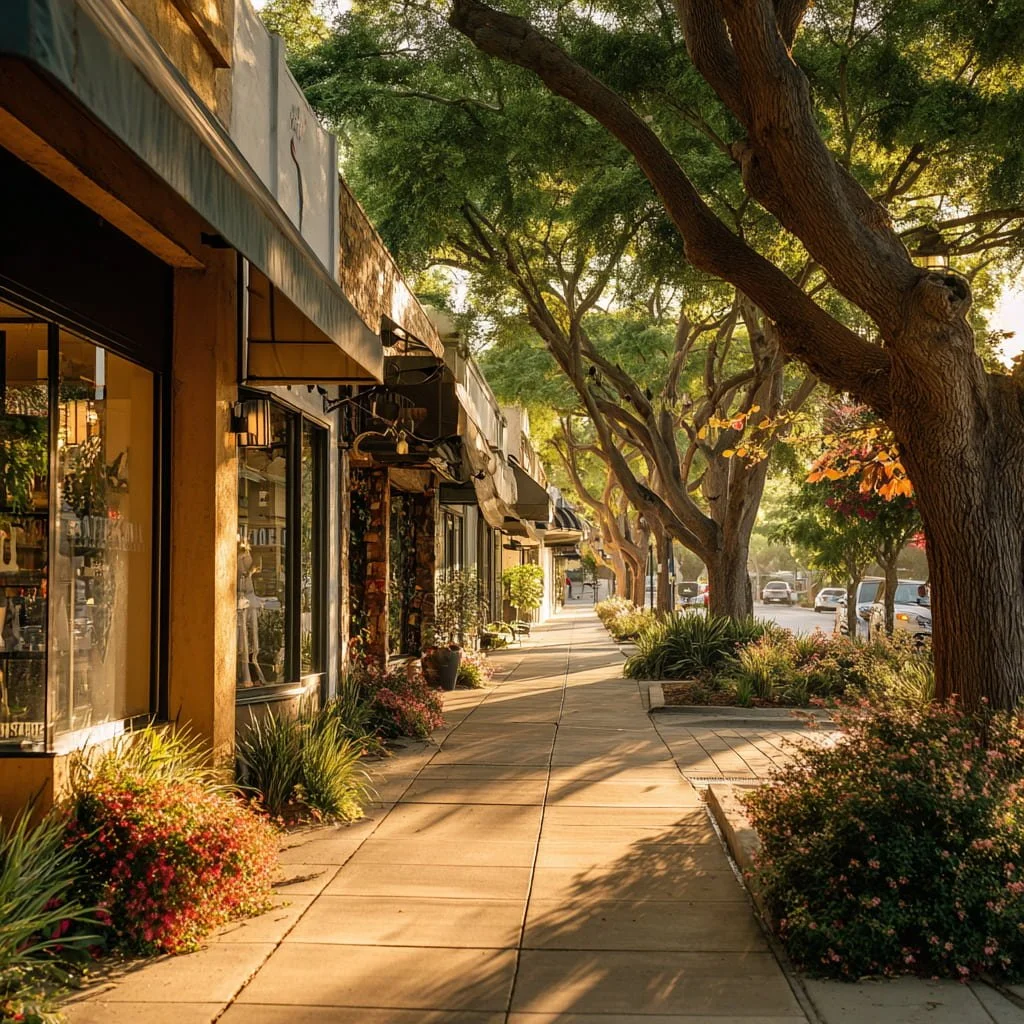Street-level Burbank neighborhood retail resembling Magnolia Park with boutique storefronts and cafes.