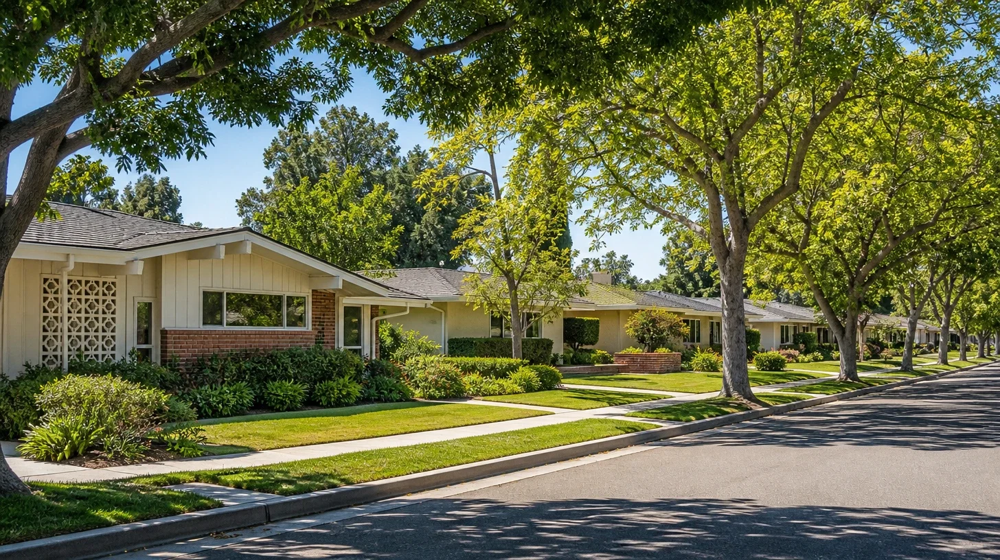 A long view along an established Encino street at eye level, a consistent run of single-storey homes of the same post-war period.