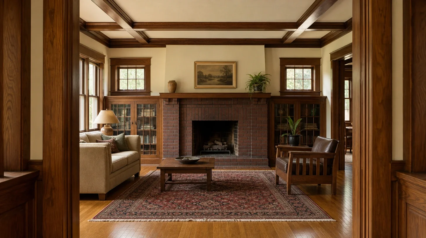 A Craftsman living room with a box-beam ceiling, wide oak trim, a full brick fireplace under a heavy timber mantel, glazed built-in bookcases to either side, and a patterned rug on oak boards in afternoon light