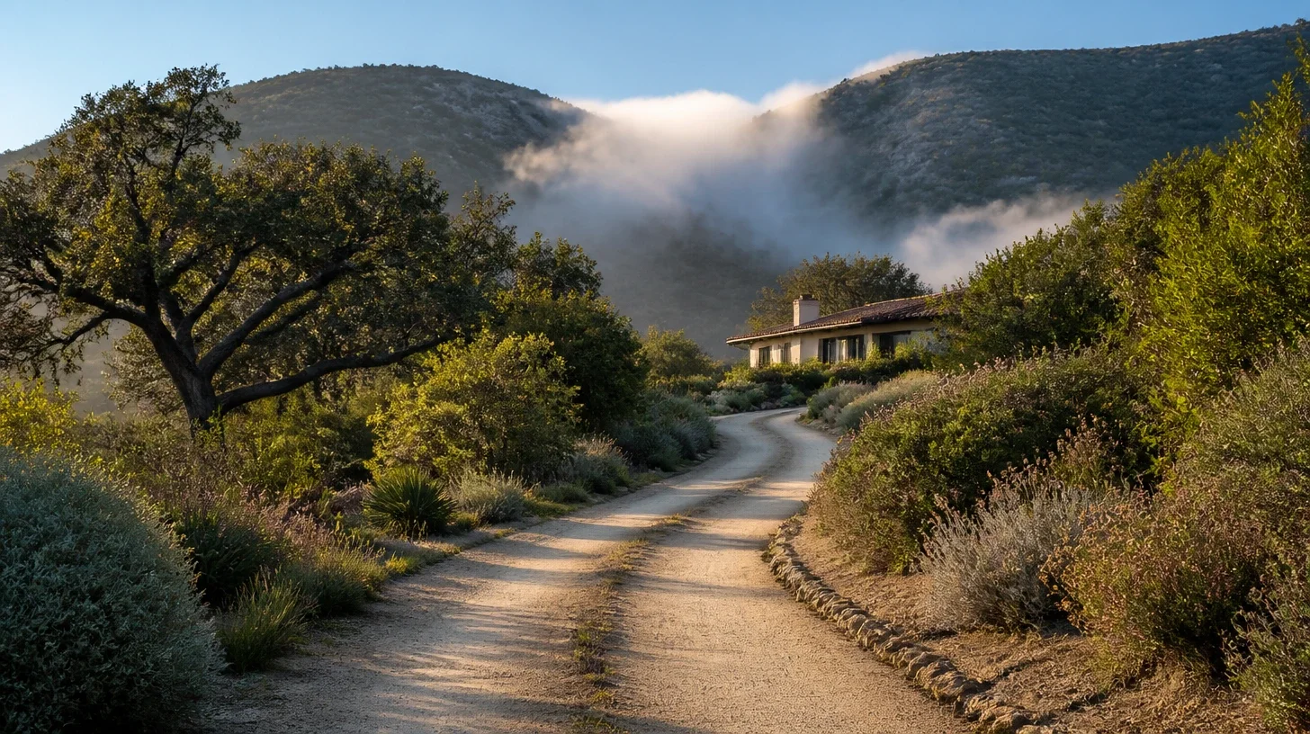 An unsealed private approach curving away between mature oak and coastal planting with a Malibu residence at the end of the curve, fog pouring through a saddle on the ridge above in clear morning sun