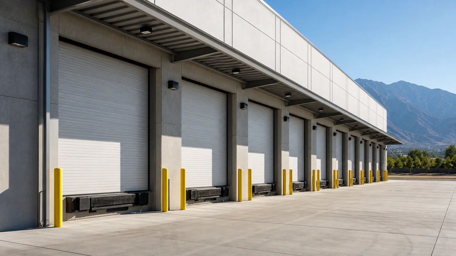 A row of loading dock doors along a concrete tilt-up building seen in receding perspective, with dock bumpers and levellers, yellow protective bollards, a shading canopy overhead, and a mountain range filling the background at right