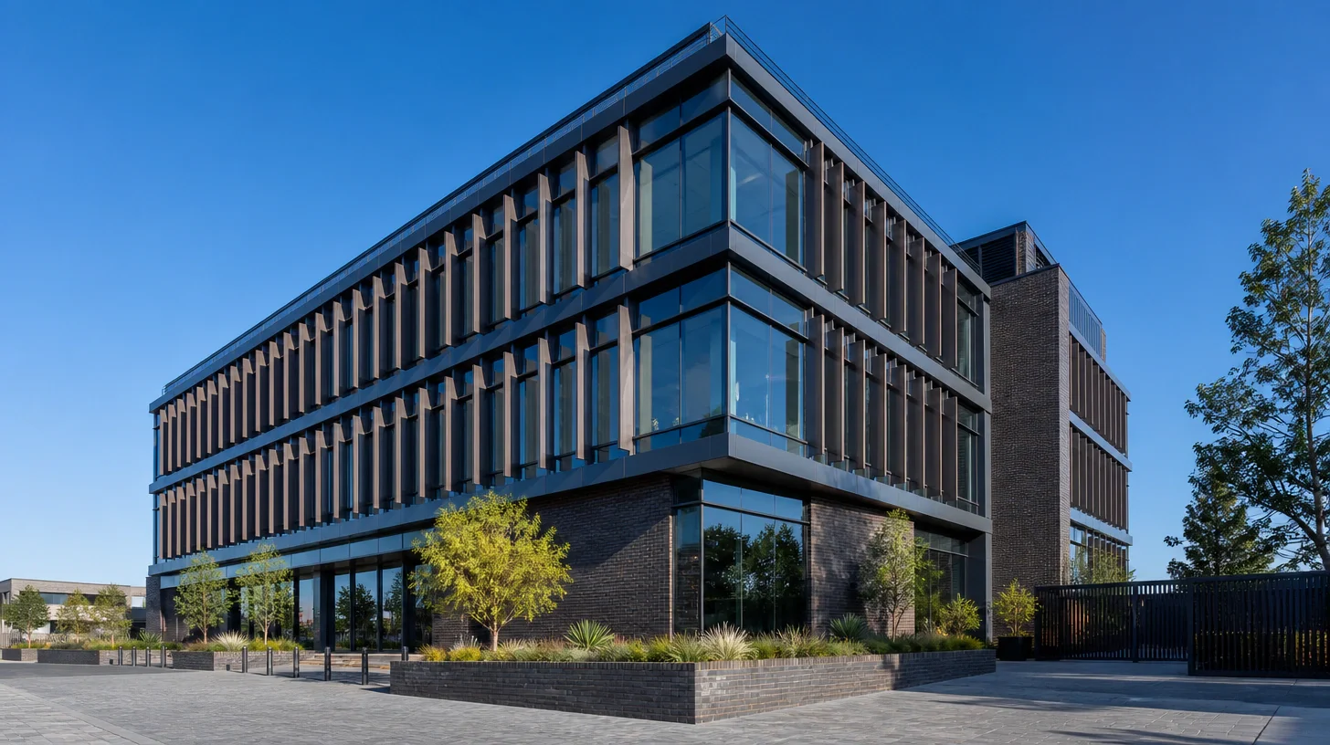 A four-storey office building on a corner in daylight, with a dark curtain wall, projecting vertical fins, a brick-clad service core and a paved forecourt