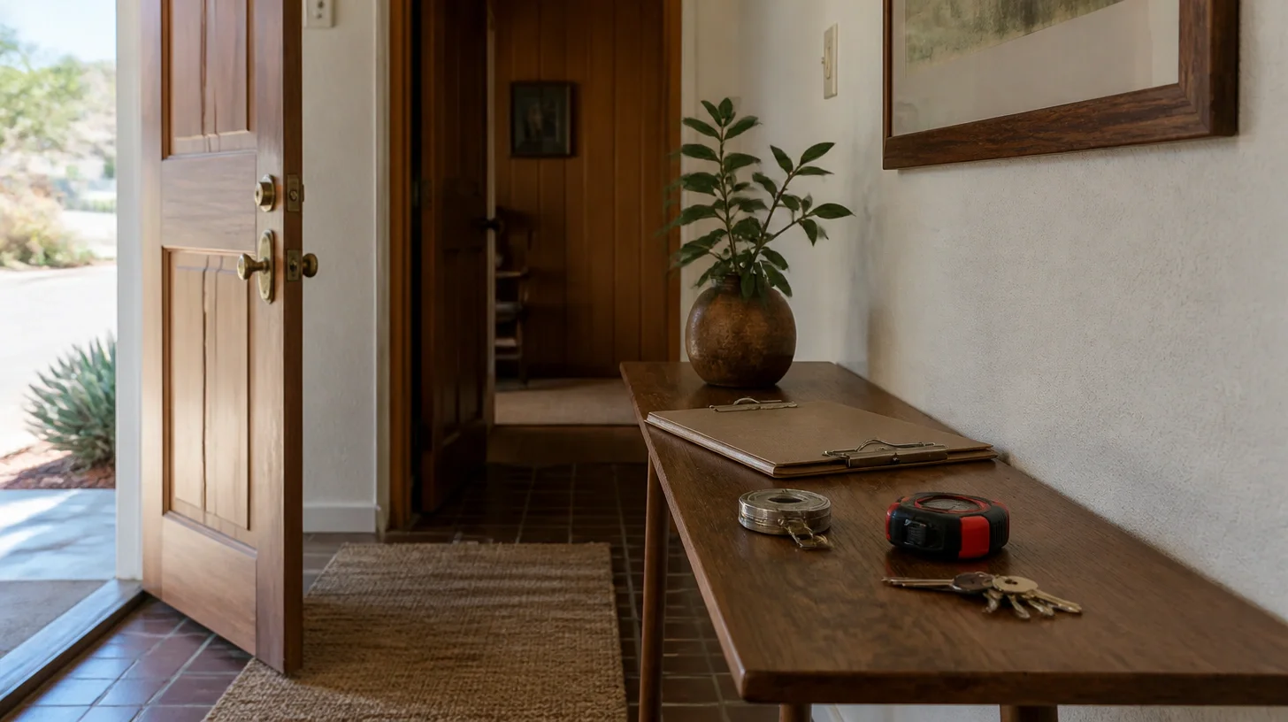 The entry hall of a nineteen-seventies house seen from just inside an open front door, with wood paneling, quarry tile, a jute runner, and a console table holding a clipboard, two tape measures and a set of keys