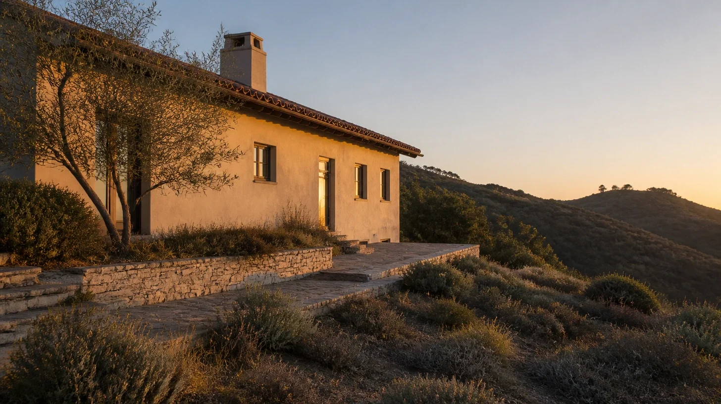 The rear elevation of a Malibu residence with its stone terrace and an olive leaning in over the wall, the last sun still on the house while the chaparral in the near ground has gone cool and the land falls away into the canyon