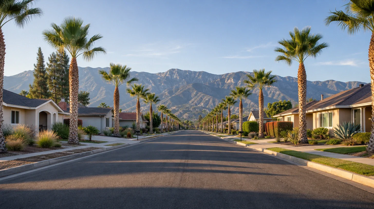 A long residential avenue receding towards the mountains, with tall palms in both verges and single-storey houses on either side