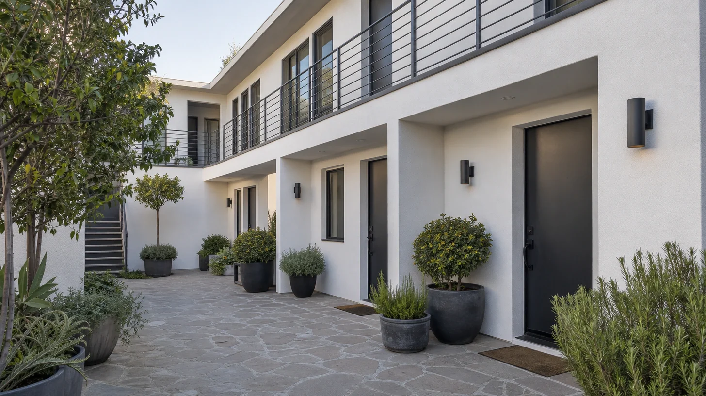 A courtyard building with four separate front doors along a paved shared court, an exterior stair to an upper walkway, and potted shrubs beside each entrance