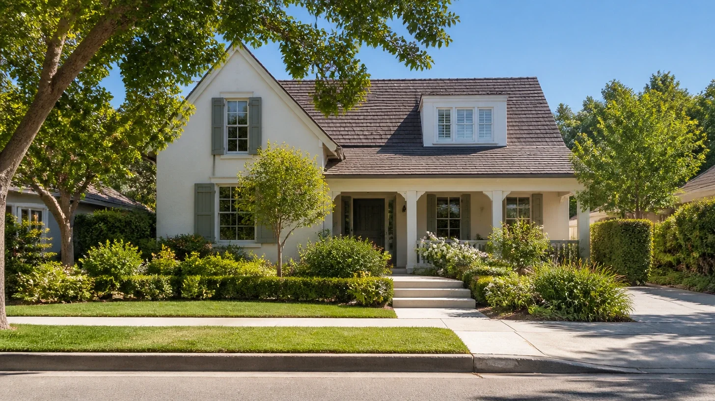 A one-and-a-half storey Studio City home with a steep gabled roof, a dormer window and a low front hedge