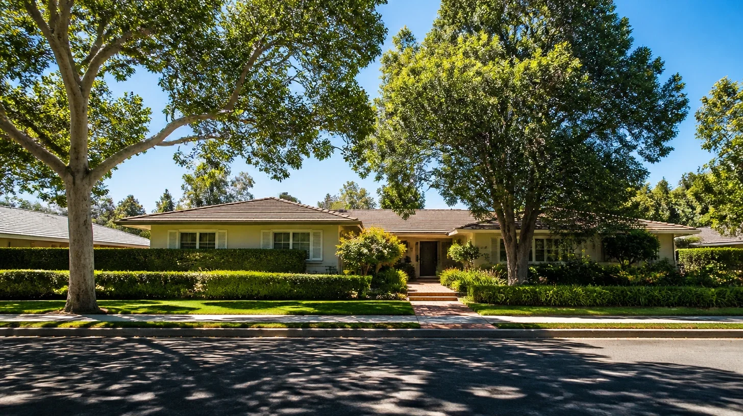 The same Encino street seen from further back, a home of the same settled character in its wider setting.