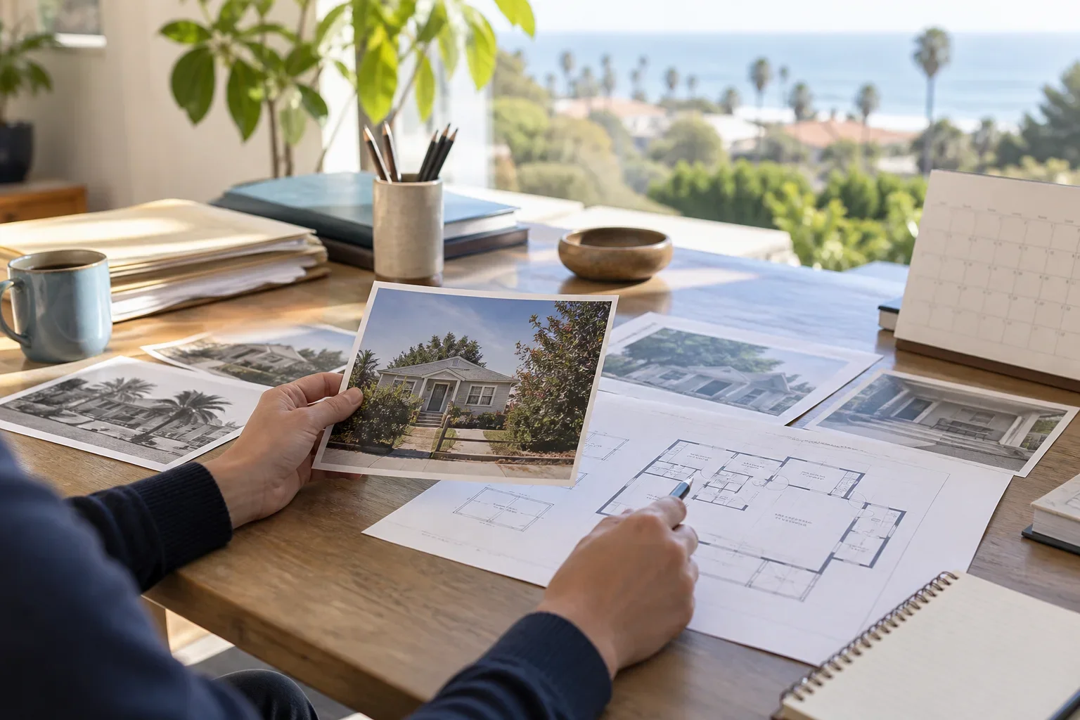 Appraiser comparing dated property photographs with floor plans and records