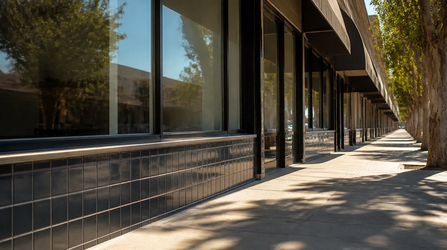 The base of a Studio City shopfront photographed low and close, dark glazed tile below the glazing line and the paving running away beside it in raking mid-morning light