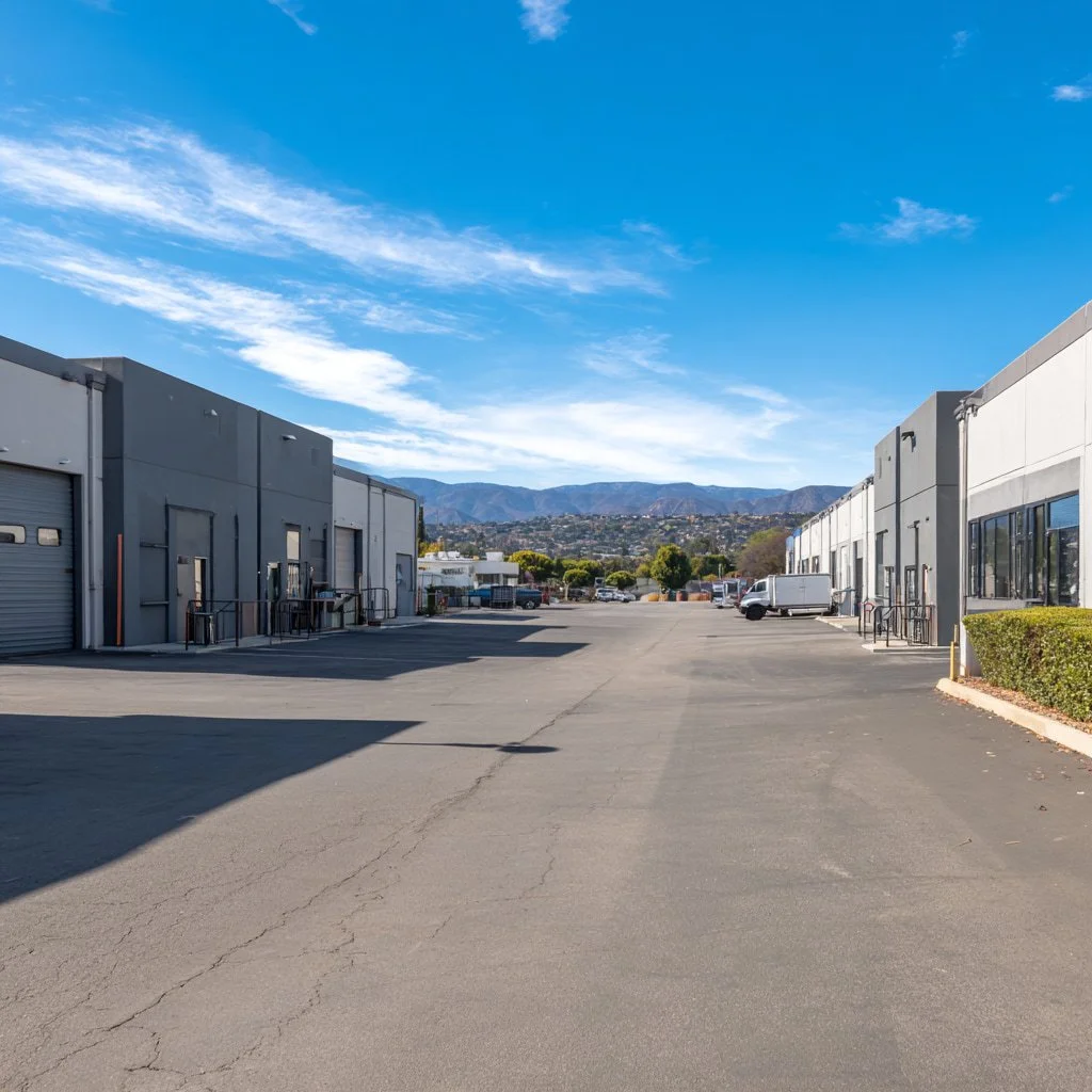 Light industrial and flex buildings near the Burbank Airport employment corridor.
