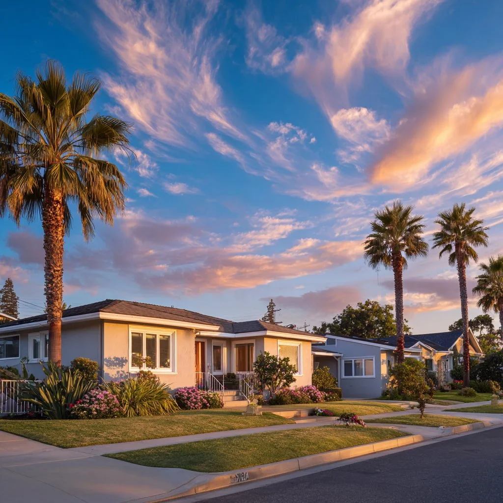 Palm-lined Torrance street, real estate trust appraisal workspace, and fiduciary documents for estate specialists
