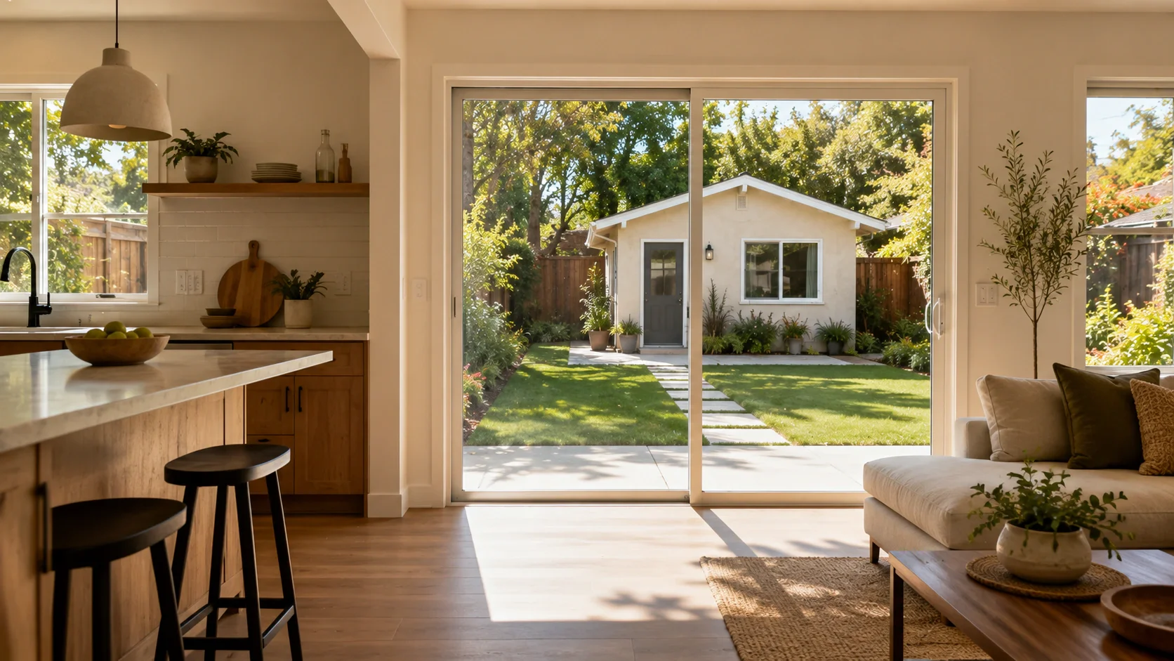A bright kitchen and living space in ordinary use, with early-afternoon light across the floor and a glazed door looking out to the rear garden and a separate structure at the back of the lot.