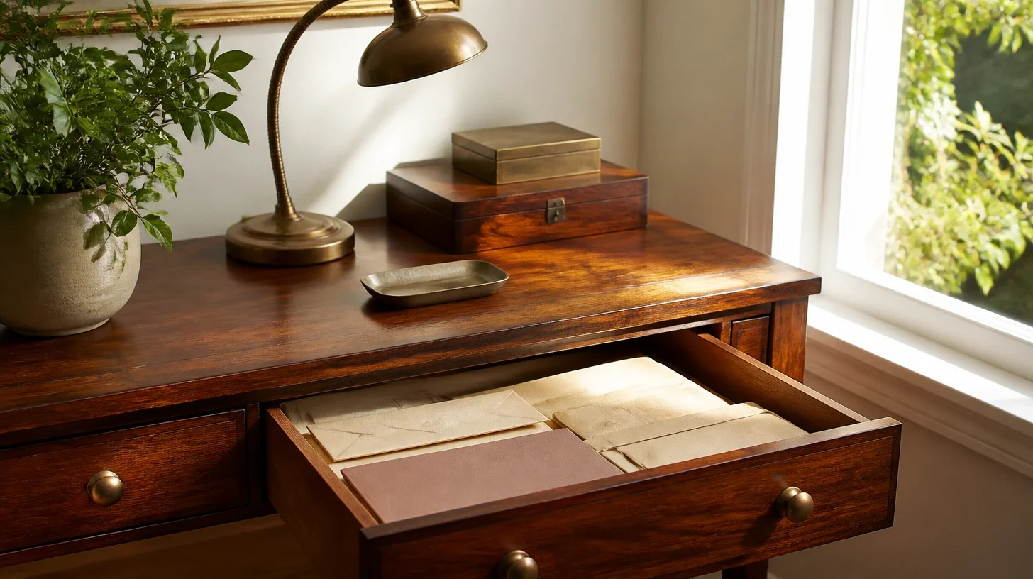A domestic writing desk in daylight with one drawer open on a neat layer of older, unmarked household papers.