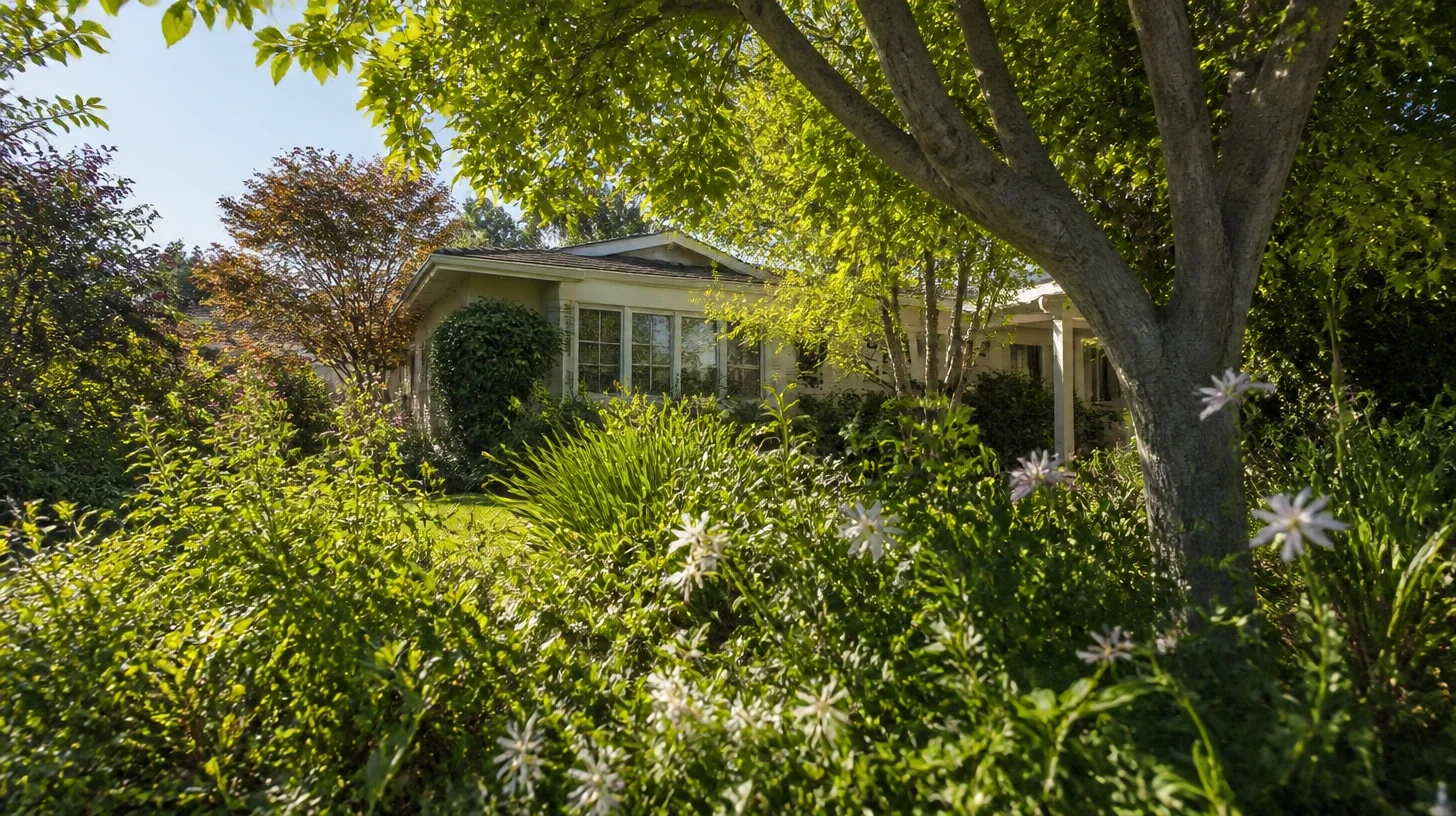Established front-garden planting photographed at ground level on a Studio City property, with the house rising softly behind the border