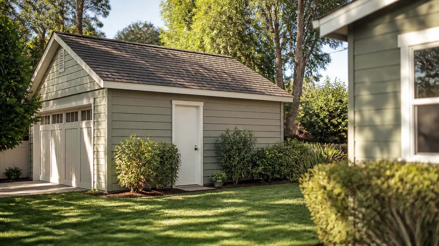 A detached garage of the same period as the house seen from the garden side of a Studio City property, timber and stucco under a pitched roof with planting along its base