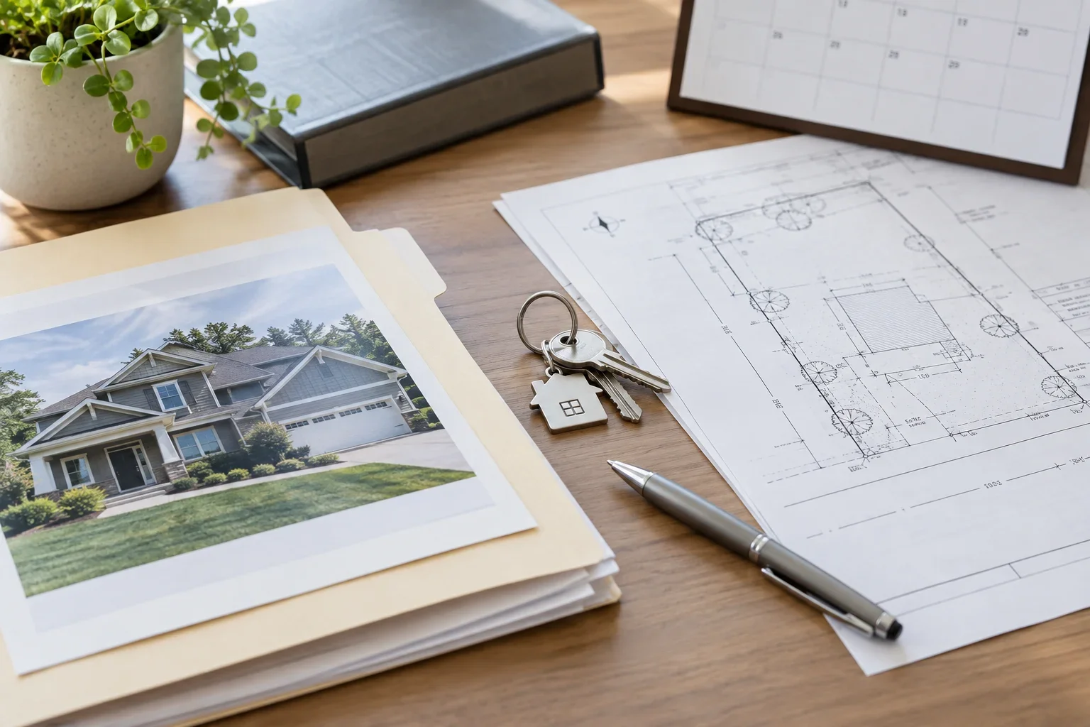 Appraisal records, calendar, floor plan, and property photographs arranged for a divorce valuation assignment