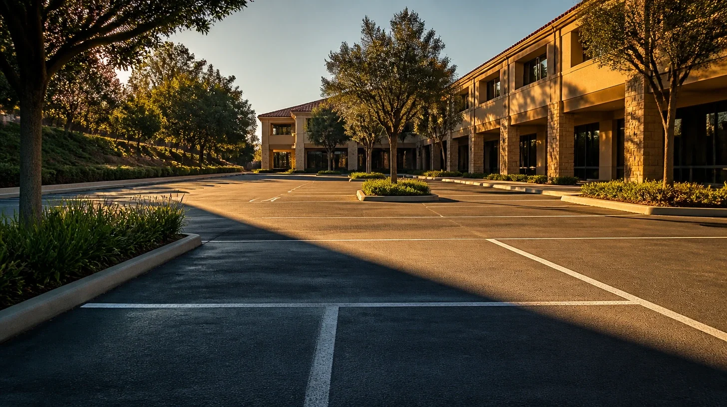 A surface parking court at a Calabasas commercial building seen low along its marked bays, the near half in cool shade and the far half in low gold light with the shadow edge running diagonally across it