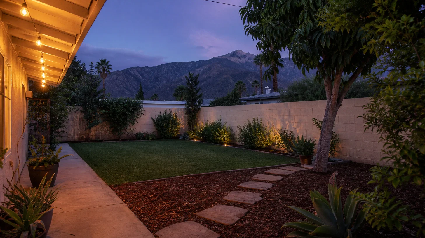 A small back garden at dusk with a lawn, a block wall, string lights along the eaves, a stepping-stone path and neighbouring rooflines against the ridge