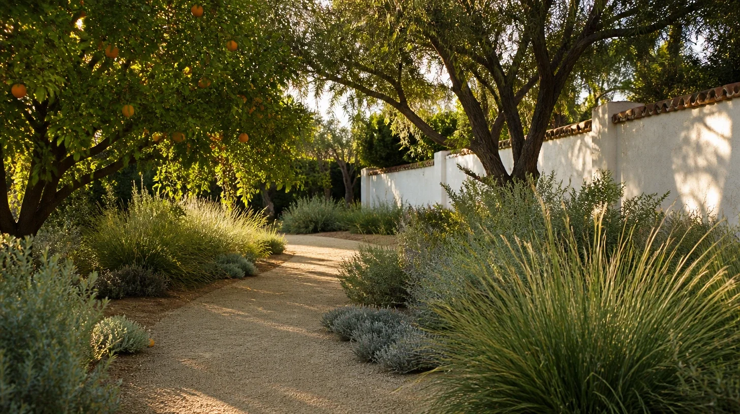 A gravel path curving between clumps of native grasses and lavender beneath a fruiting citrus and a pepper tree, running alongside a white stucco wall capped with terracotta tile