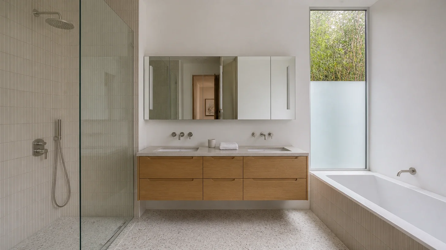 A pale bathroom interior with a single folded white towel and a mirror reflecting a hallway wall beyond