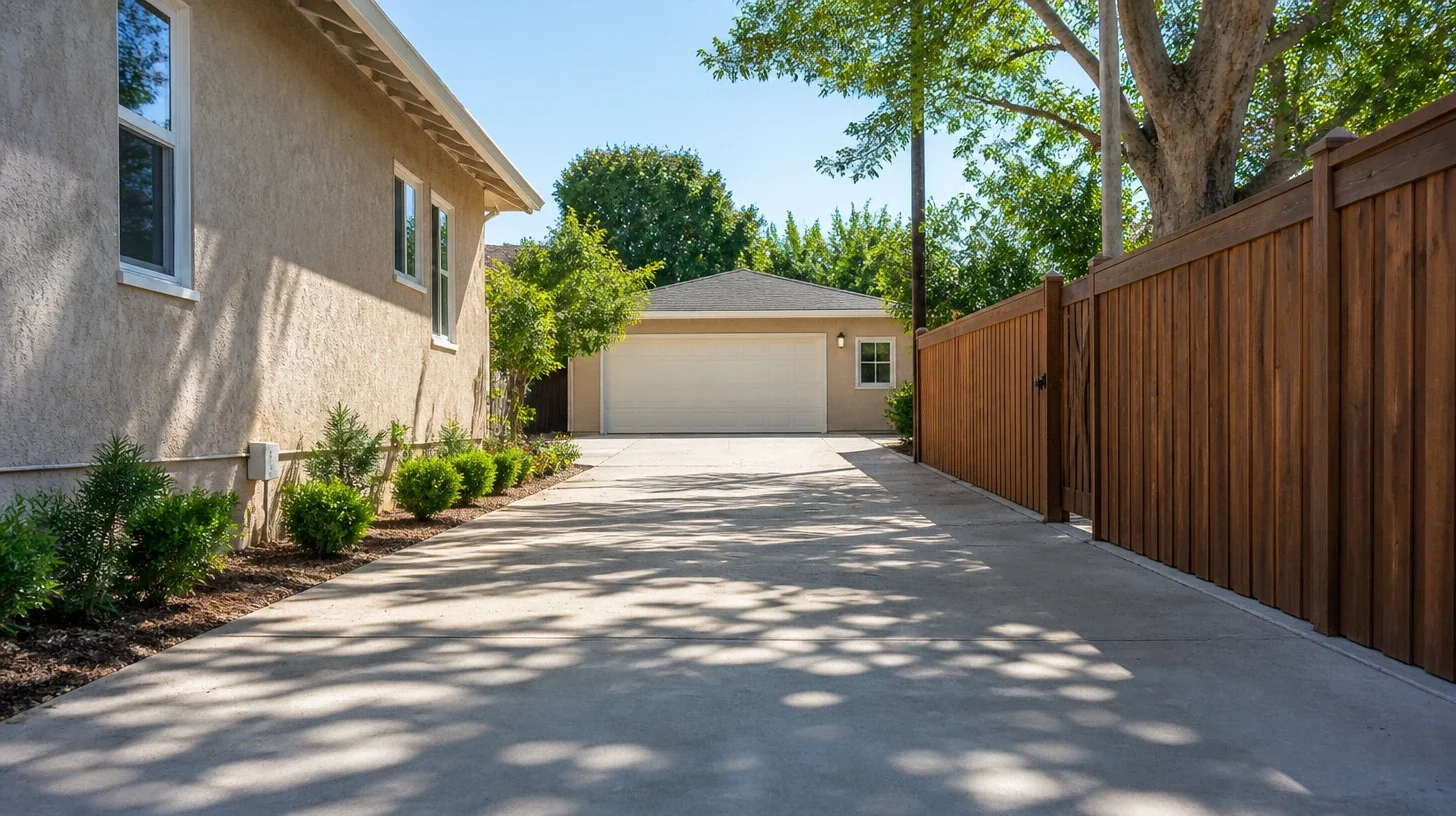 A long concrete side driveway running between the stucco wall of a house and a new timber fence, back to a freestanding garage with a hipped roof under mature trees