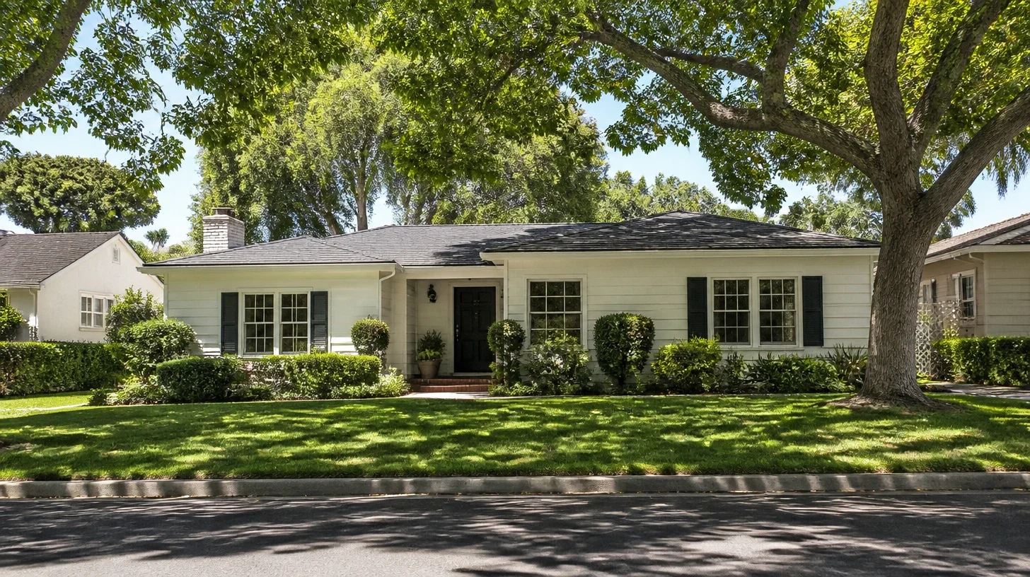 A second Studio City residential street of the same character, a painted timber-sided single-storey home seen across its front lawn.