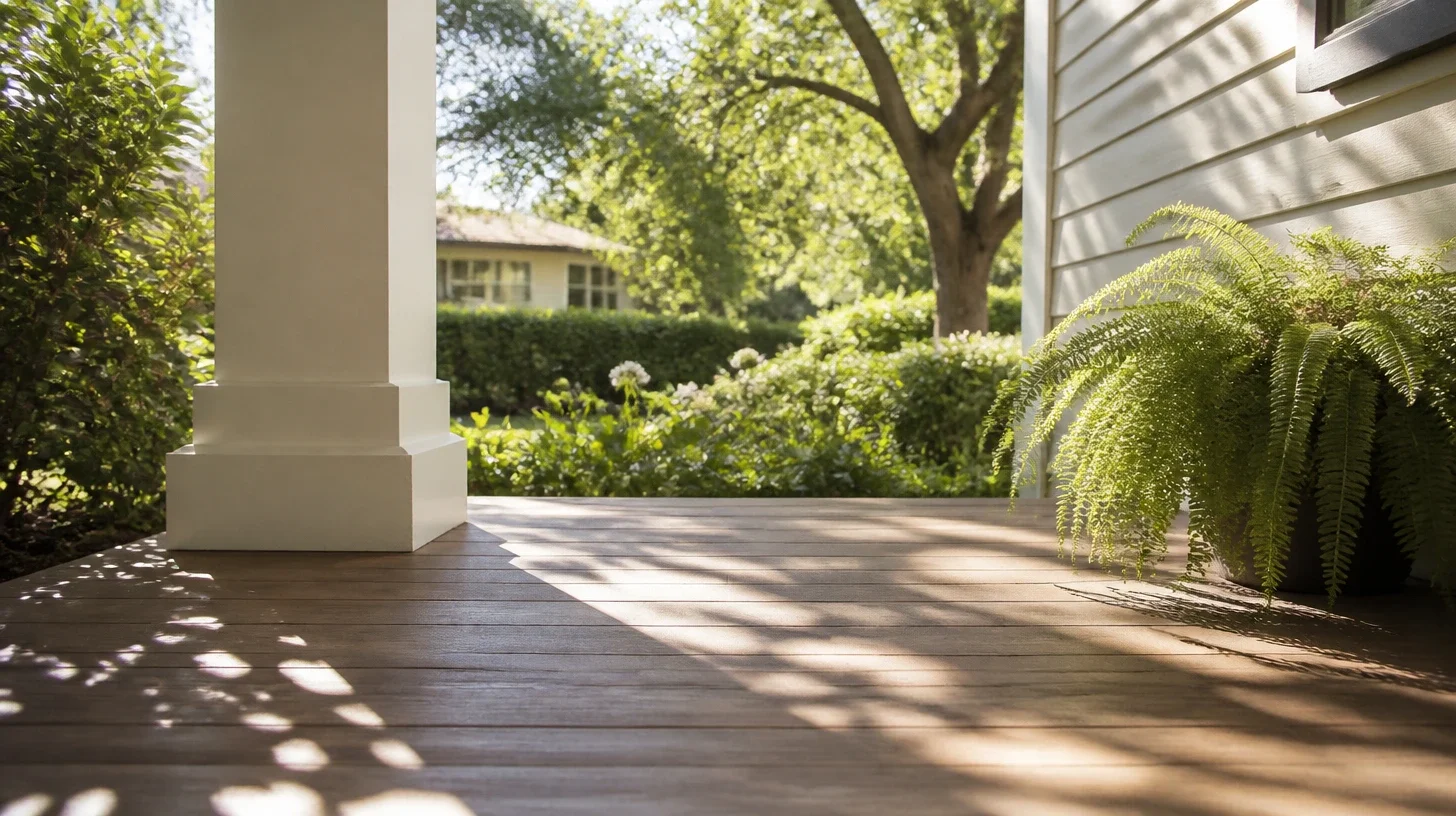 The boarded floor of a Studio City porch photographed low across its surface, dappled light falling between a column base and a fern, the garden beyond in soft focus