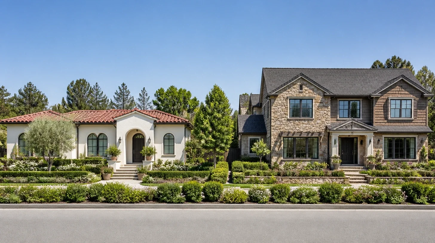 Two neighbouring Calabasas homes of different periods seen square on from across a level road, one in pale stucco with a tiled roof and one in stone and shingle