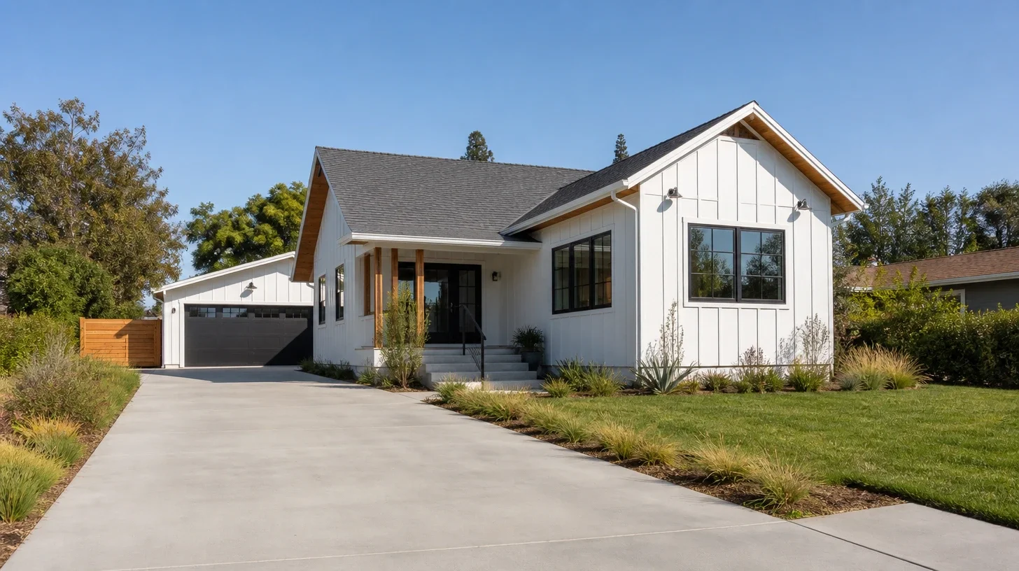 A white board-and-batten house with a dark shingled gable and a covered porch, an attached garage to the left and a broad concrete driveway running to the kerb past native grasses