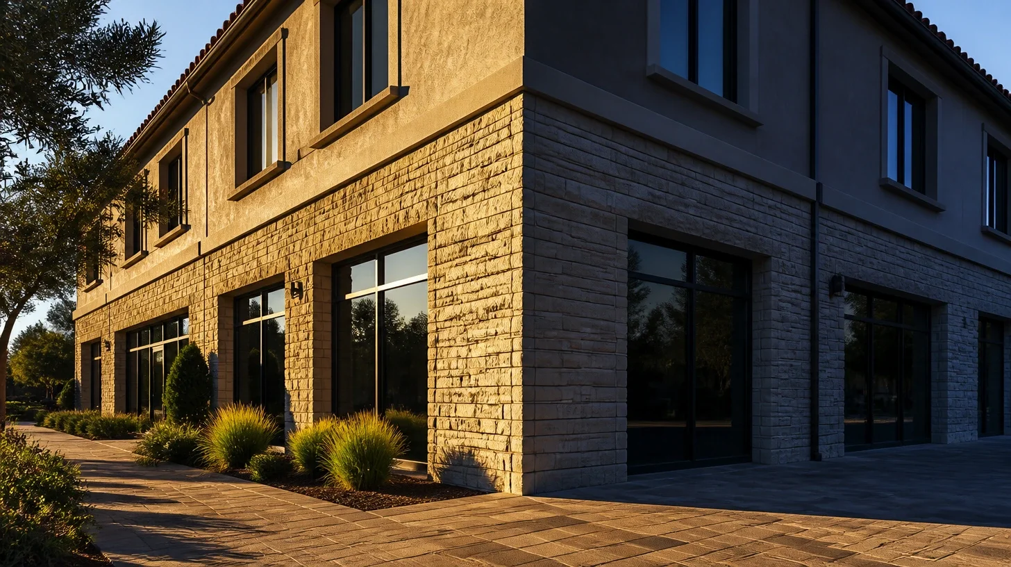 The corner of a two-storey Calabasas commercial building where two tenant frontages meet, one face raked warm by low sun and the other in deep shade, divided along the stone corner pier