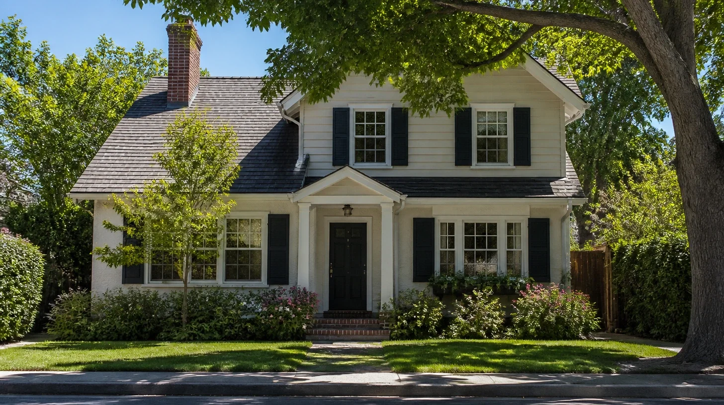 A white clapboard Studio City home with dark shutters and a small pitched entry porch, seen from the front kerb
