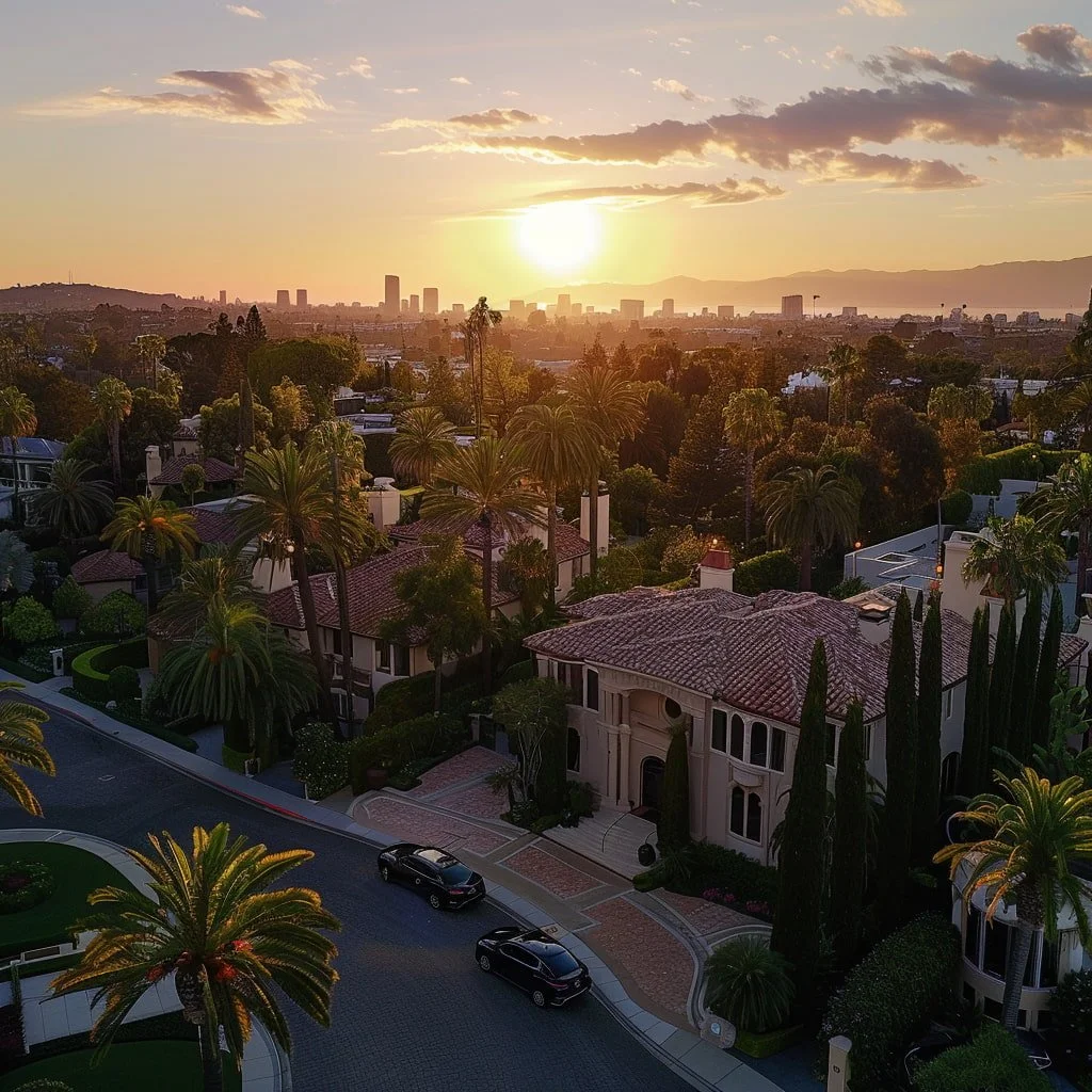 Aerial sunset view of Beverly Hills Flats with residential documents for appraisal testimonial