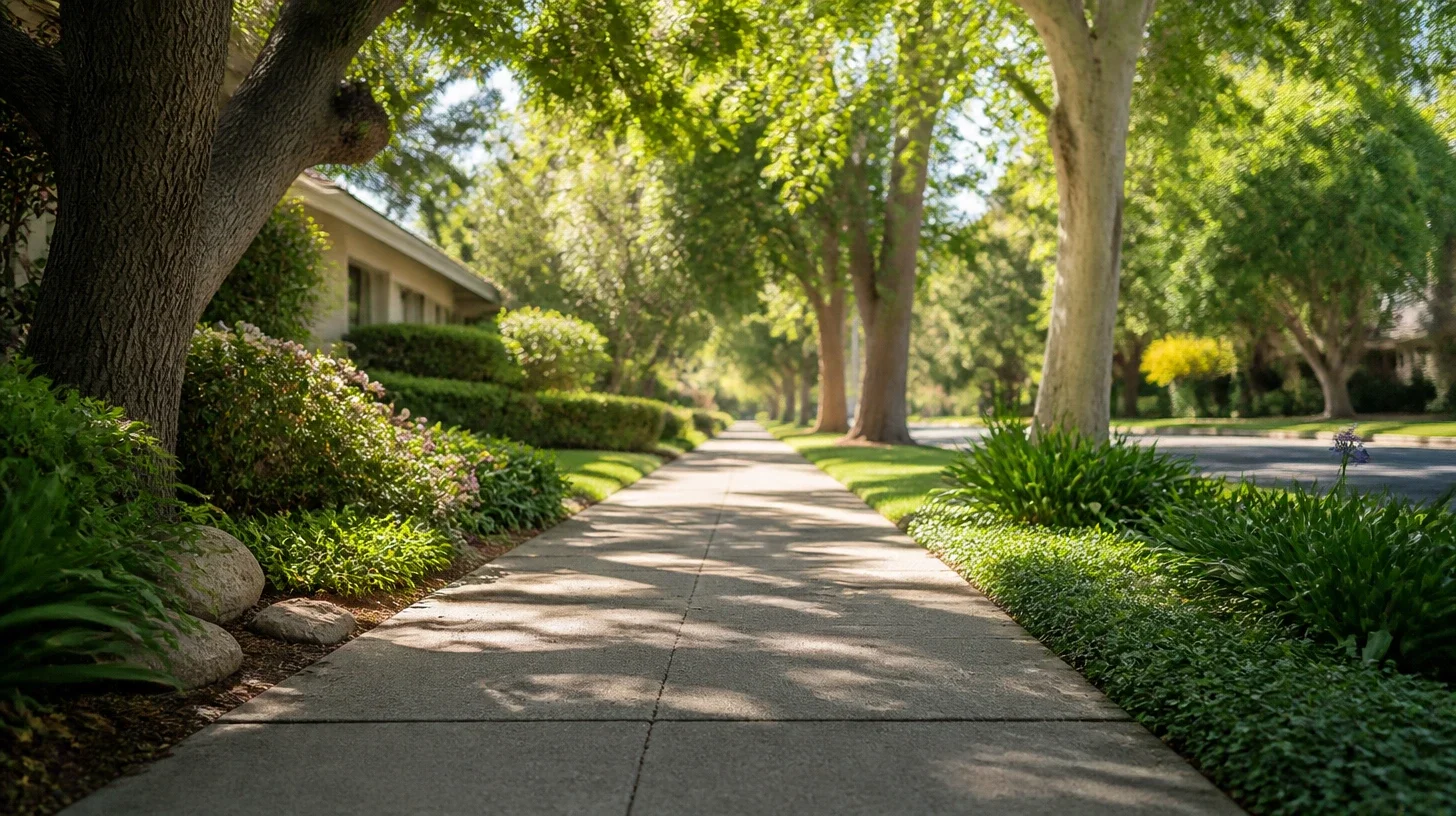 A wide level Studio City residential pavement seen along its length, its slabs and joints filling the near ground, mature street trees and grown-in front gardens beyond