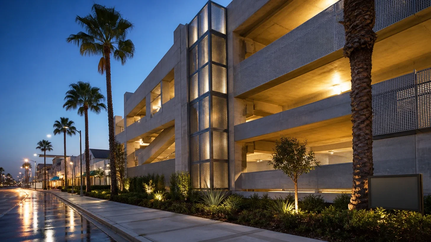 A multi-level concrete parking structure at dusk with its decks lit from within and a perforated metal stair tower glowing at the centre, palms along the near sidewalk and a wet roadway reflecting street lighting