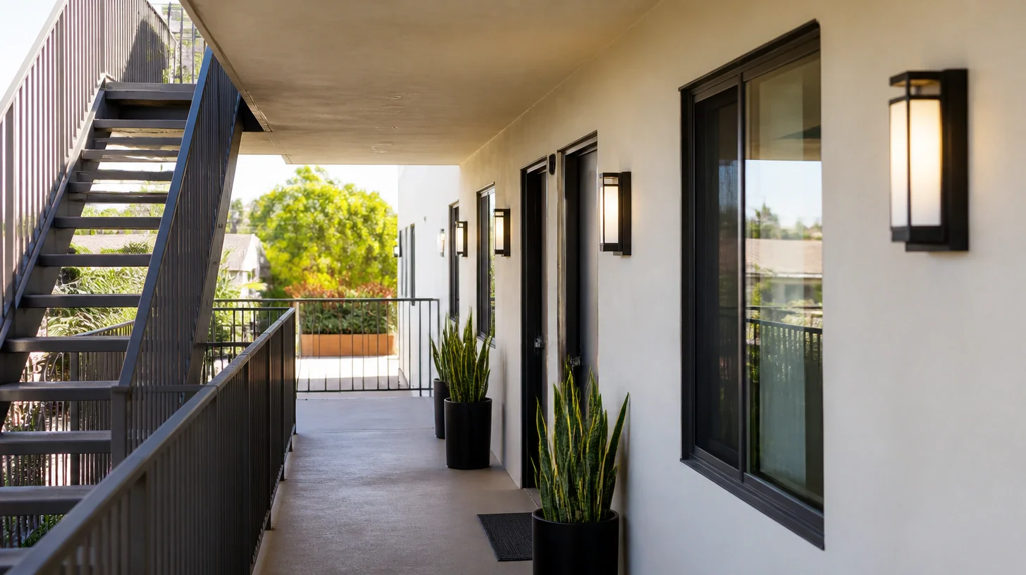 The upper walkway of a small apartment building, with two unit doors, wall lanterns, tall potted plants and an open stair descending at the far end