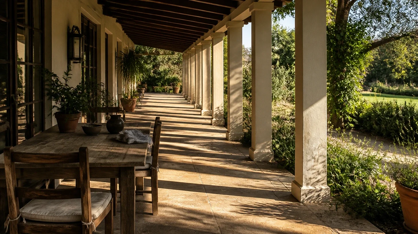 A long covered terrace at a Calabasas home seen along its length, low sun laying bars of shadow across the paving between repeating columns