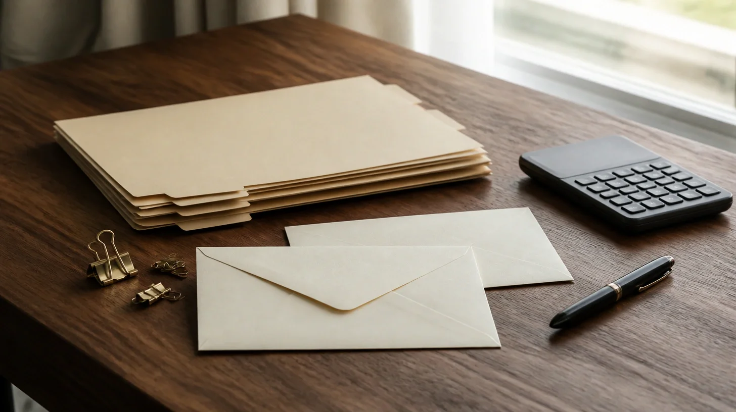 A stack of manila folders, two plain envelopes, brass binder clips, a calculator and a pen arranged on a dark timber table beside a window