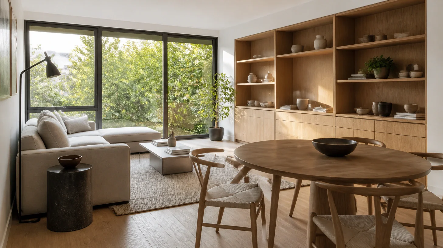 A condominium living and dining space at treetop level, with black-framed glazing onto dense trees and a fitted oak joinery wall of open shelving and drawers