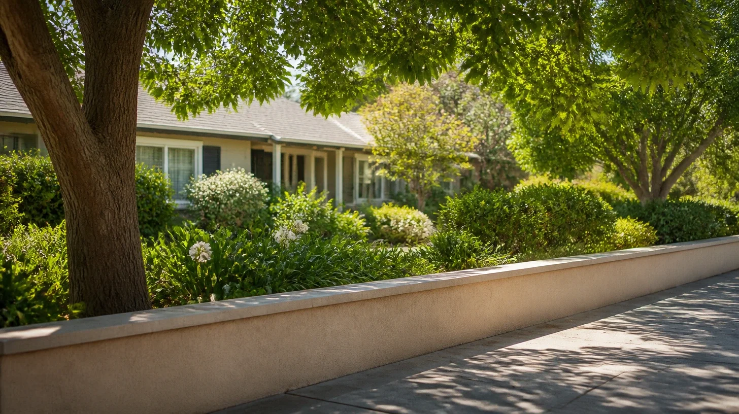A low capped garden wall running the length of a Studio City frontage, the walk beside it and the house soft behind established planting and a mature tree
