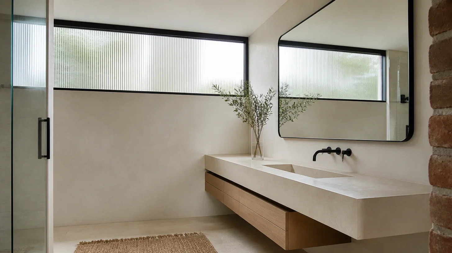 A bathroom with a floating oak vanity under a poured stone counter and basin, a black-framed mirror and wall-mounted tap, a band of reeded glazing along the wall, exposed brick at the right and a woven mat on the floor
