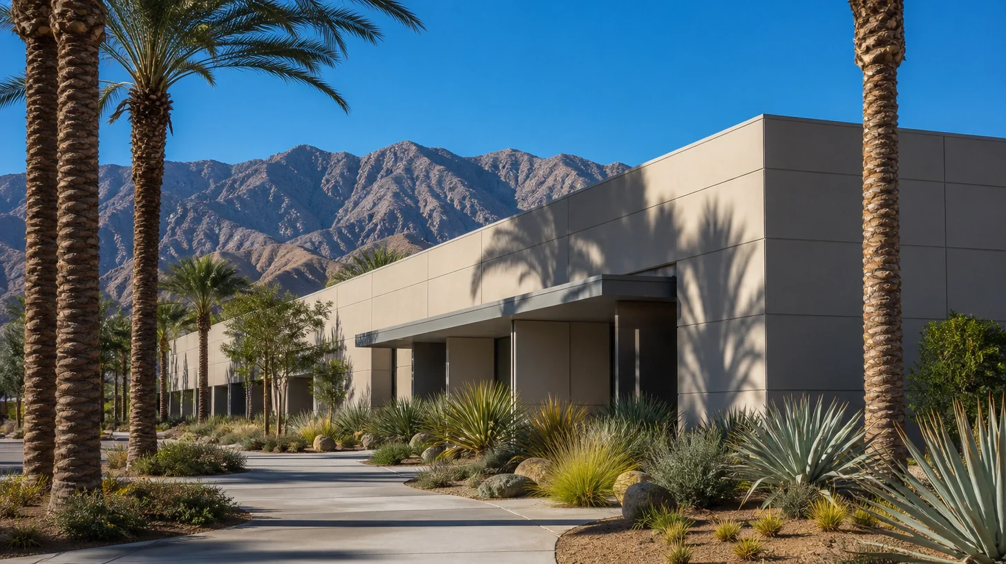 A business park building with a deep recessed entry canopy and pale panelled walls, mature palm trees and drought planting with boulders in the foreground, and the San Bernardino mountain wall rising across the whole background under clear sky