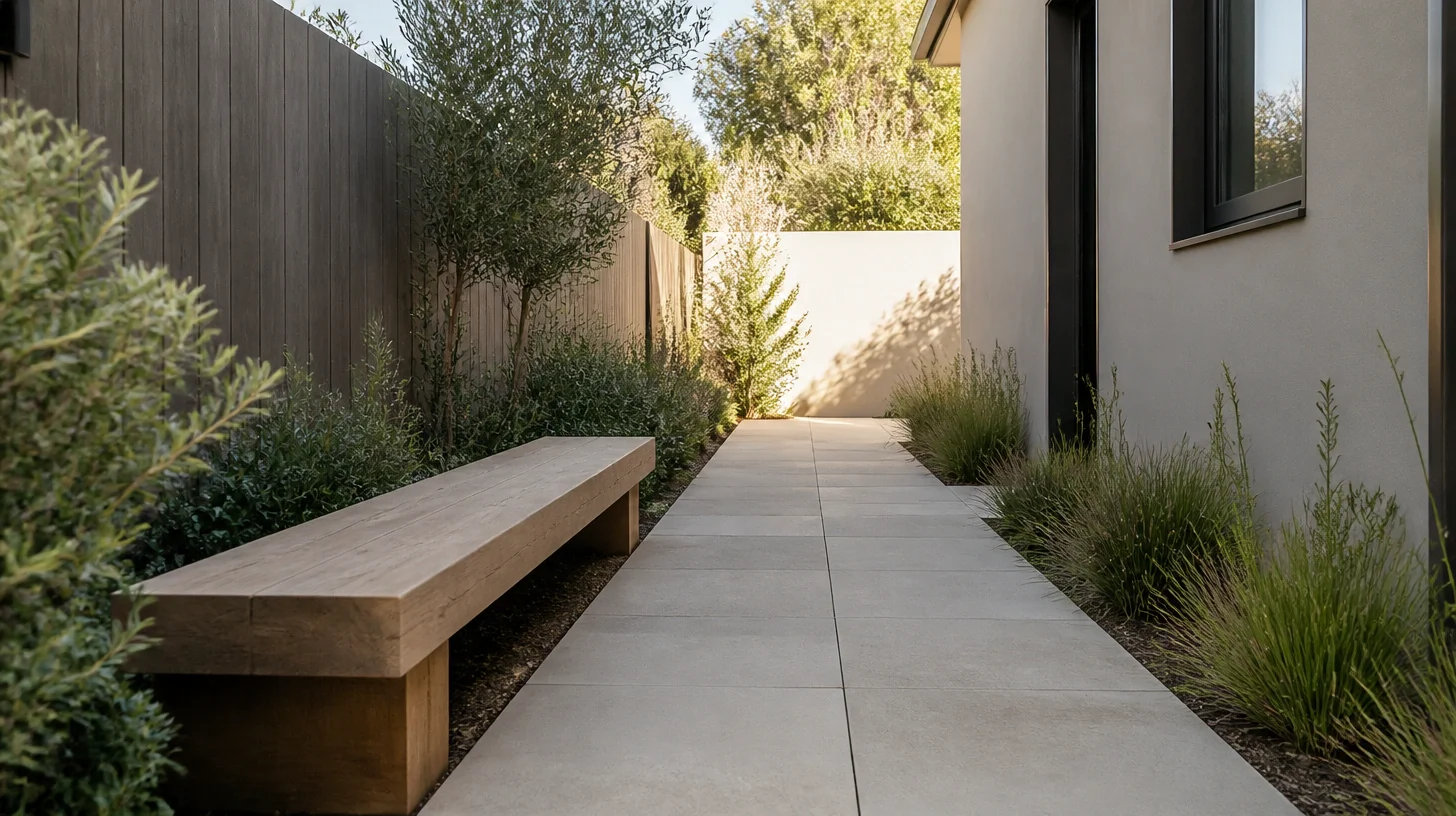 A narrow side yard between a timber fence with a bench and olive planting on one side and a rendered house wall with grasses on the other