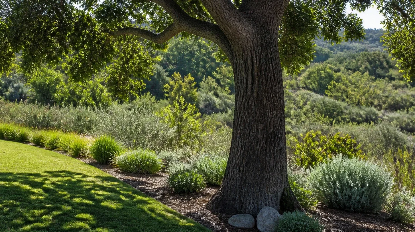 A mature coast live oak standing at the boundary of a Calabasas garden, its crown throwing dappled shade across mown grass and low native planting